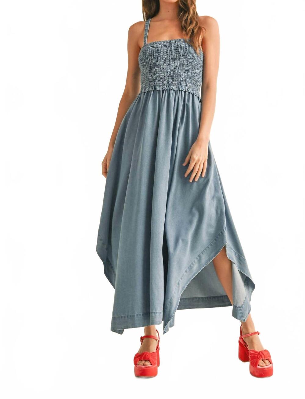 NEW MIOU MUSE smocked handkerchief hem midi dress in denim